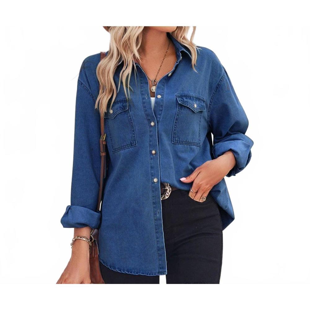 NEW SWEETKAMA classic denim lapel button-down shirt in dark blue